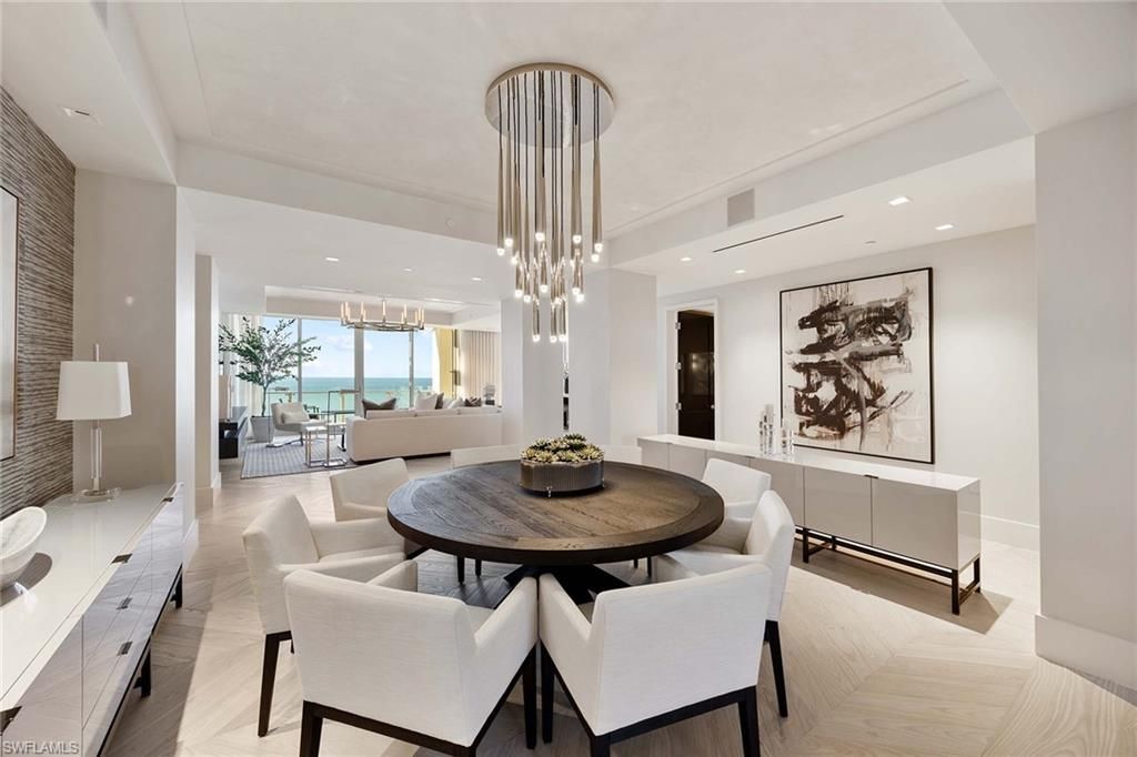 Dining room, Interior, Living room, Pendant Lights, Recessed Lighting, Water, Wood Texture Flooring
