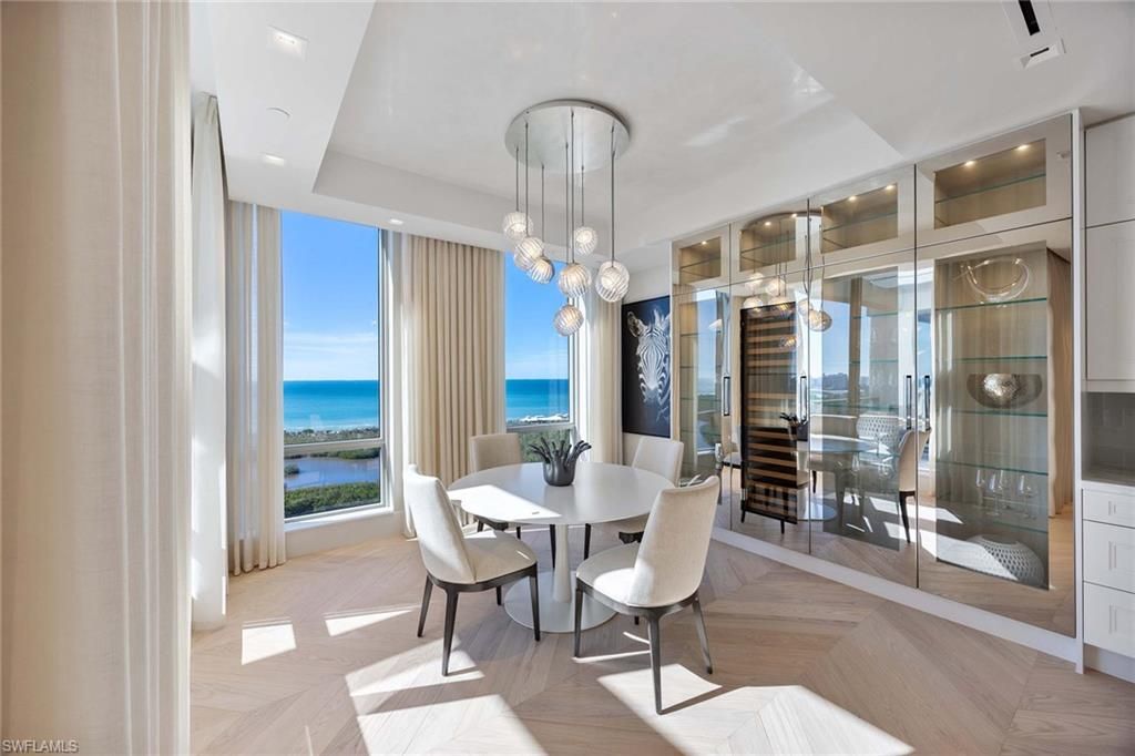 Dining room, Interior, Pendant Lights, Recessed Lighting, Water, Wood Texture Flooring