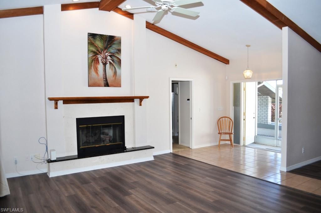Empty room, Fireplace, Interior, Pendant Lights, Wooden Beams, Wood Texture Flooring