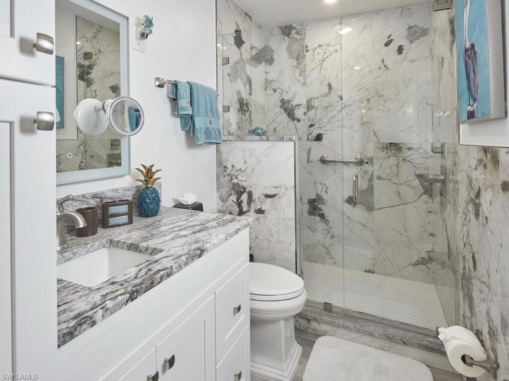 Bathroom, Glass Shower, Interior, Marble Walls, Recessed Lighting