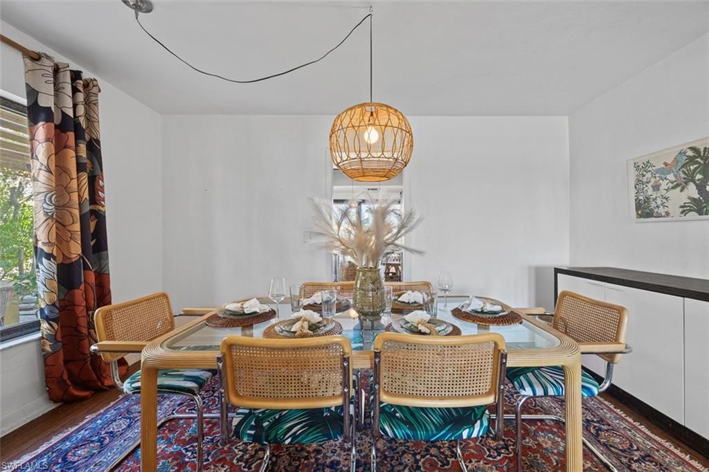 Dining room, Interior, Pendant Lights, Wood Texture Flooring