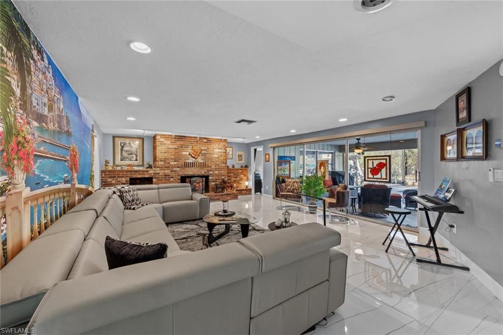 Fireplace, Interior, Living room, Recessed Lighting, Stone Walls