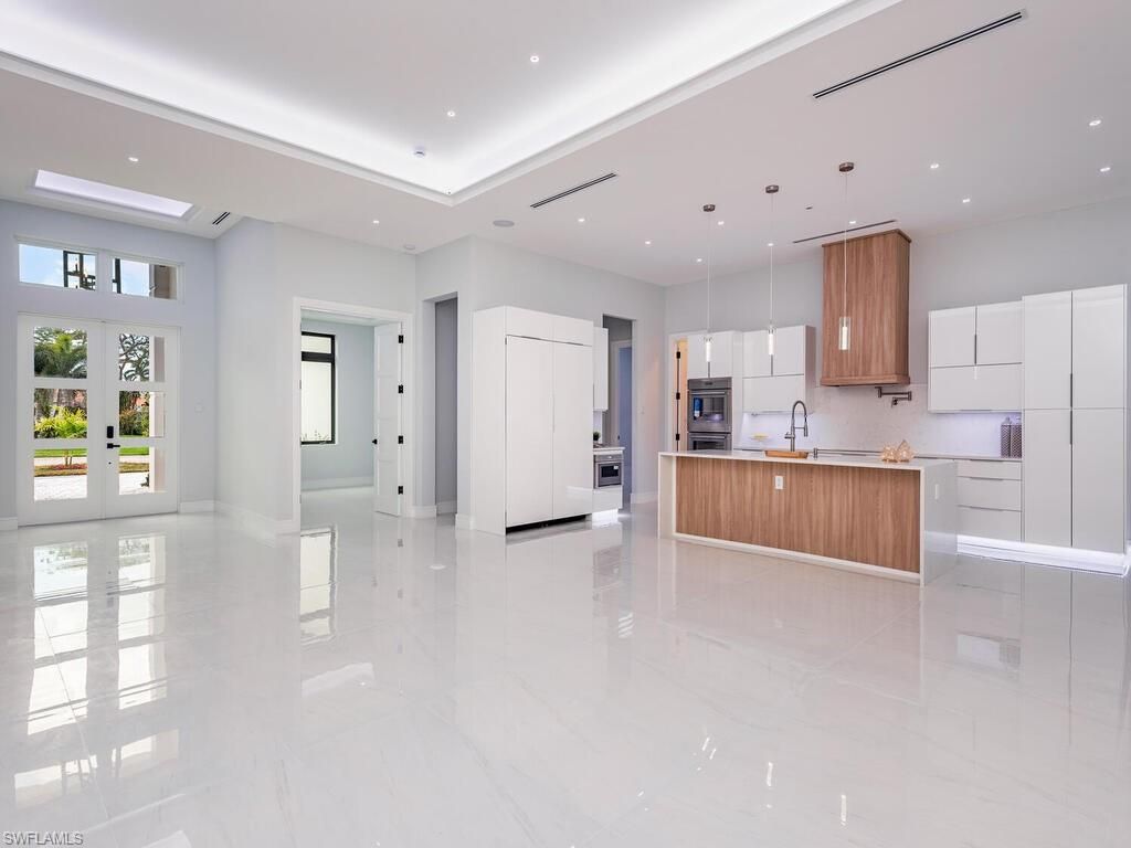 Interior, Kitchen, Marble, Pendant Lights, Recessed Lighting, Stainless Steel Appliances