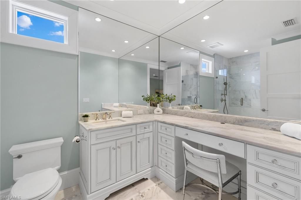 Bathroom, Glass Shower, Interior, Marble, Marble Walls, Recessed Lighting