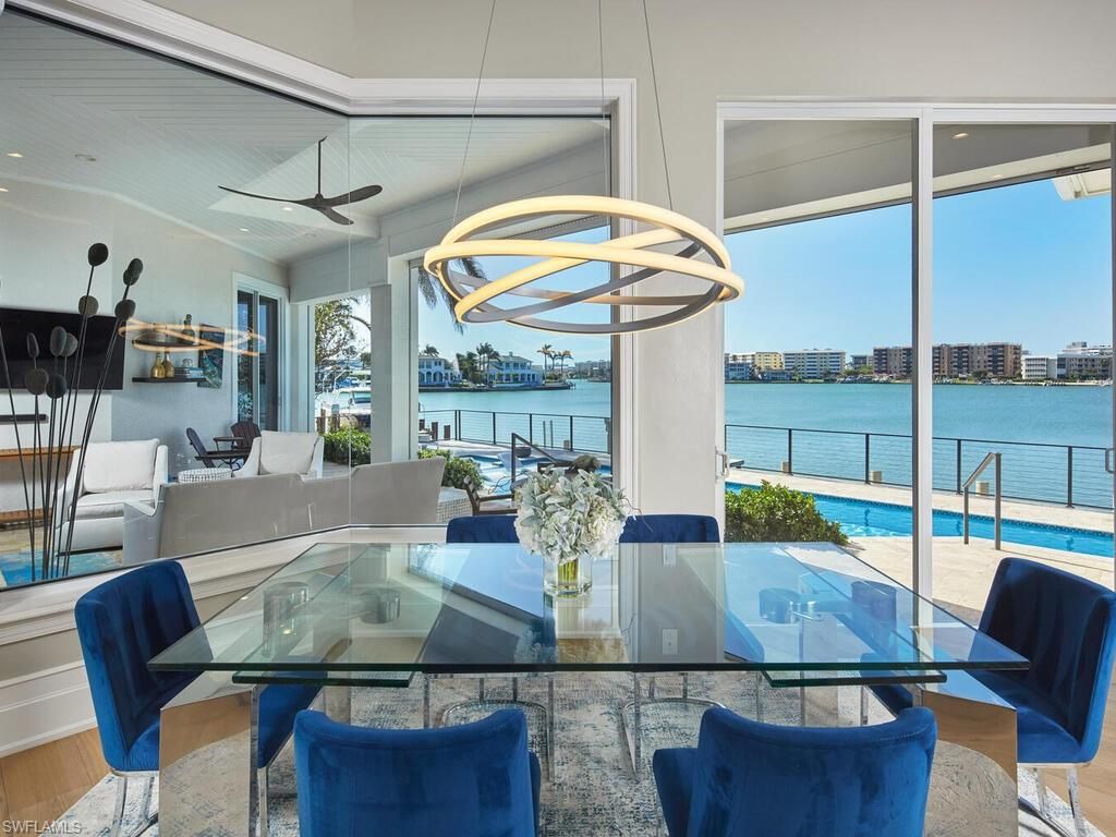 Dining room, Interior, Pendant Lights, Water, Wood Texture Flooring