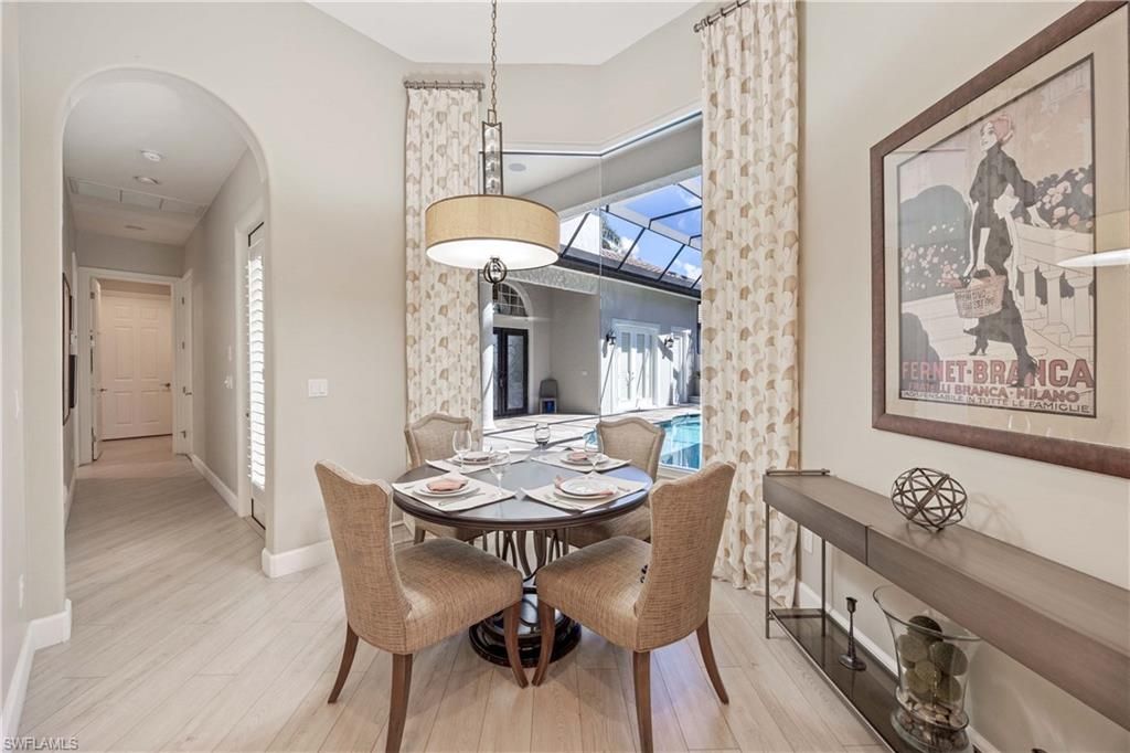 Dining room, Interior, Pendant Lights, Wood Texture Flooring