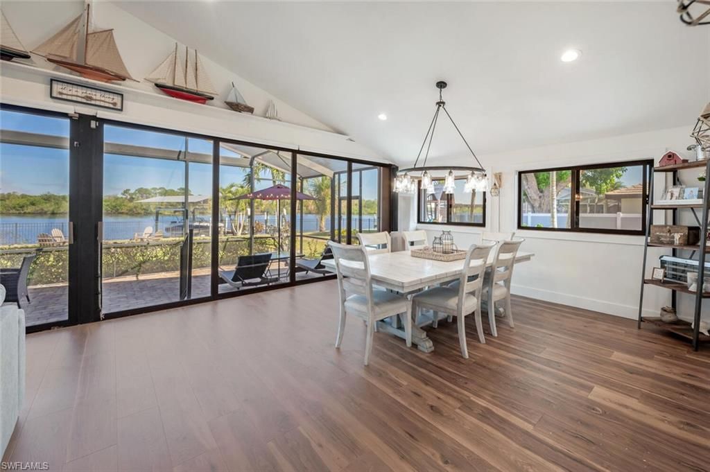Dining room, Interior, Pendant Lights, Recessed Lighting, Water, Wood Texture Flooring