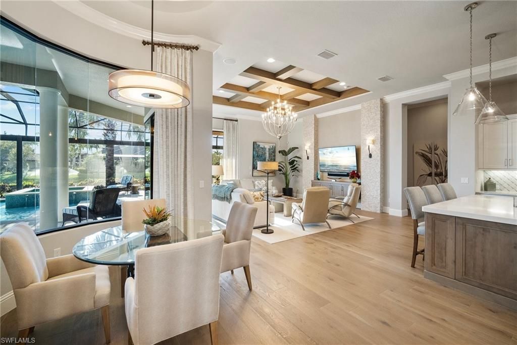 Chandelier, Dining room, Interior, Living room, Pendant Lights, Recessed Lighting, Wooden Beams, Wood Texture Flooring