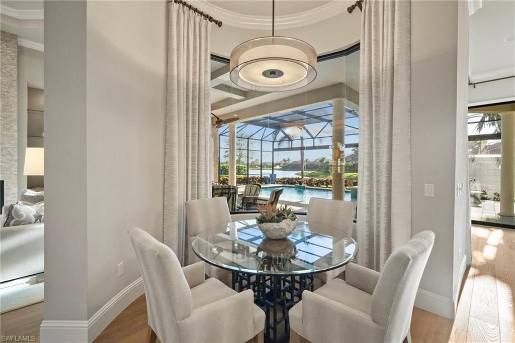 Dining room, Glass Ceilings, Interior, Pendant Lights, Sun Room, Water, Wood Texture Flooring