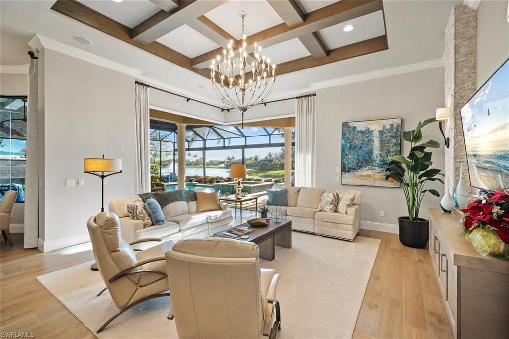 Chandelier, Interior, Living room, Pendant Lights, Recessed Lighting, Wooden Beams, Wood Texture Flooring