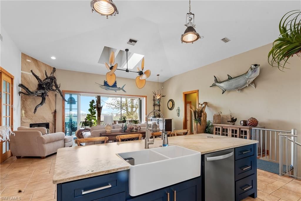 Fireplace, Interior, Kitchen, Living room, Pendant Lights, Recessed Lighting