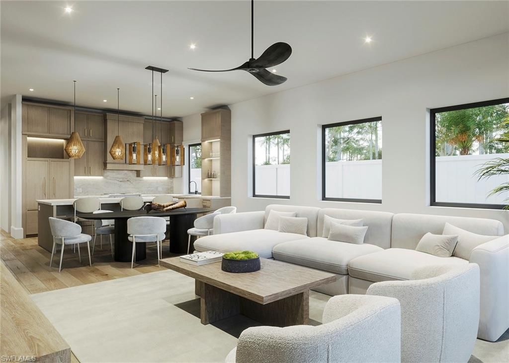 Dining room, Interior, Kitchen, Living room, Pendant Lights, Recessed Lighting, Wood Texture Flooring