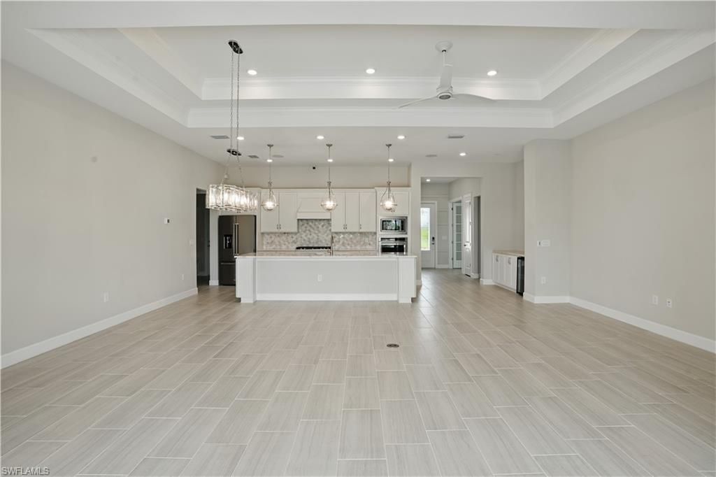 Empty room, Interior, Kitchen, Pendant Lights, Recessed Lighting, Stainless Steel Appliances