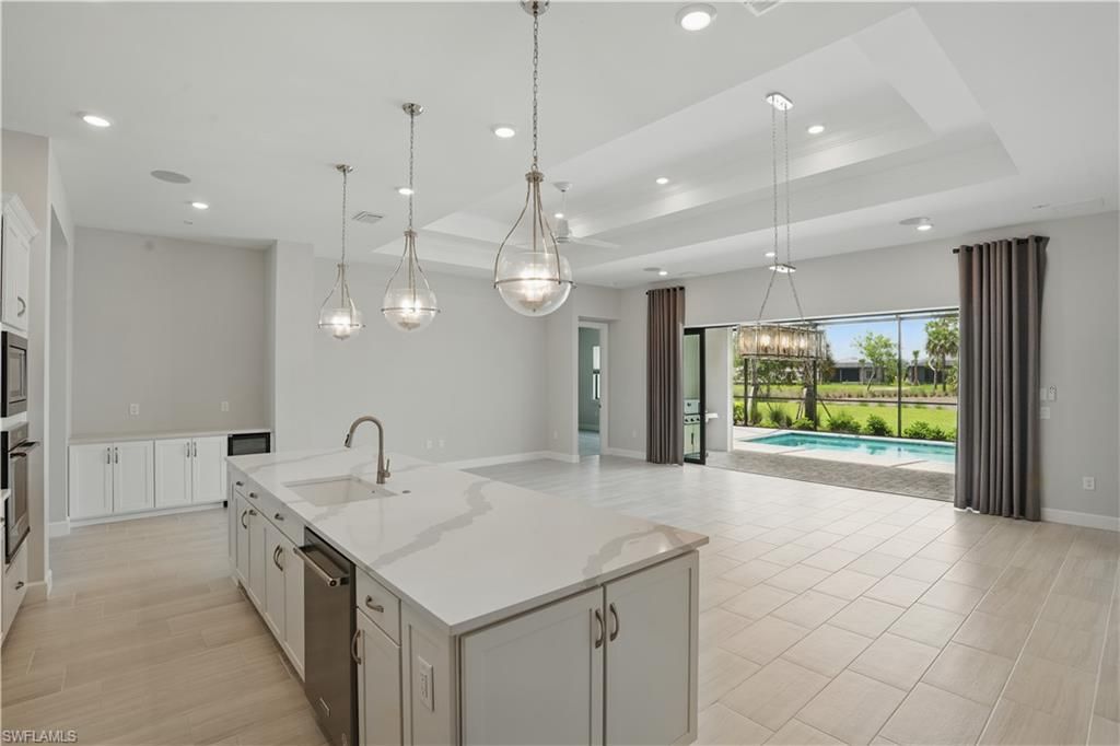 Chandelier, Interior, Kitchen, Pendant Lights, Recessed Lighting, Wood Texture Flooring