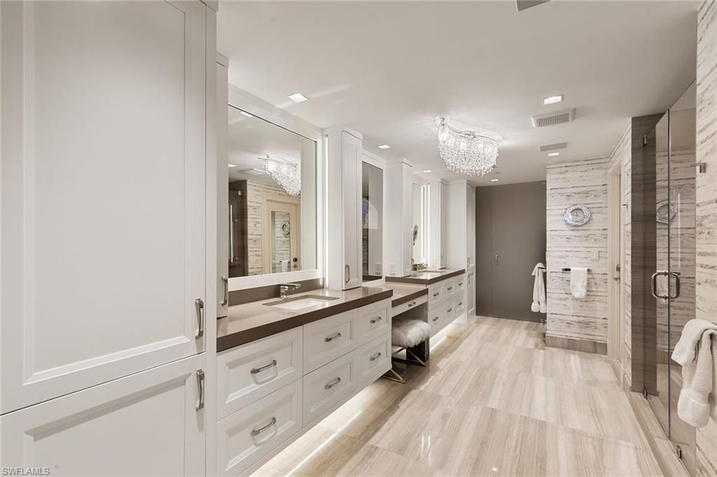Bathroom, Chandelier, Dual Sink Vanities, Glass Shower, Interior, Recessed Lighting