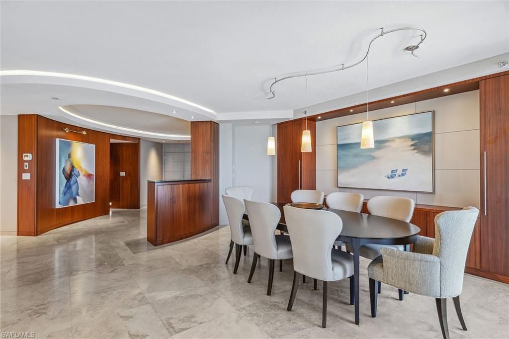 Dining room, Interior, Pendant Lights, Recessed Lighting, Wooden Walls