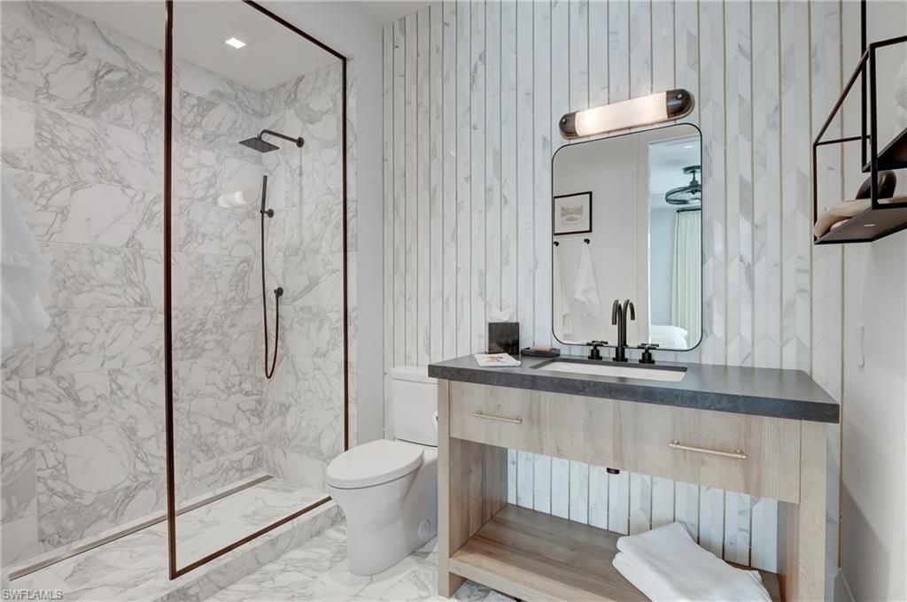 Bathroom, Glass Shower, Interior, Marble, Marble Walls, Recessed Lighting