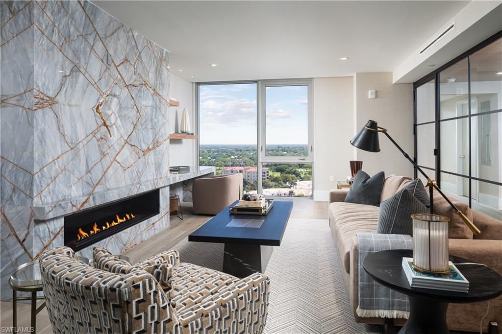 Fireplace, Interior, Living room, Marble Walls, Recessed Lighting, Stone Walls