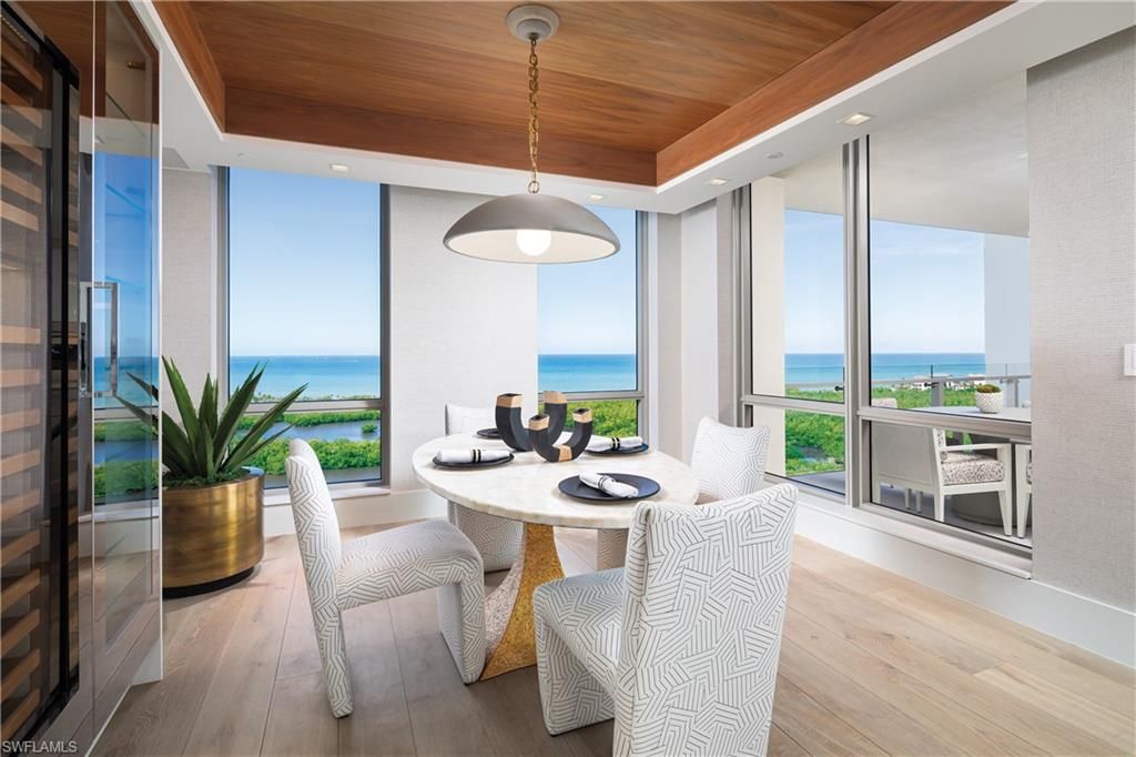 Dining room, Interior, Pendant Lights, Recessed Lighting, Water, Wooden Ceilings, Wood Texture Flooring
