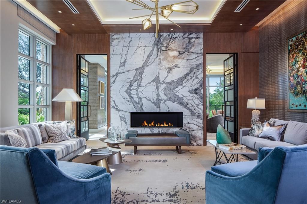 Fireplace, Interior, Living room, Marble Walls, Pendant Lights, Recessed Lighting, Wooden Walls