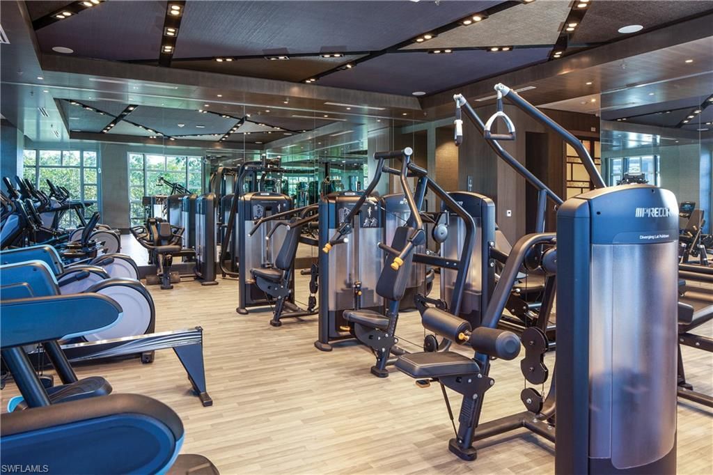 Fitness Equipment, Gym, Interior, Recessed Lighting, Wood Texture Flooring