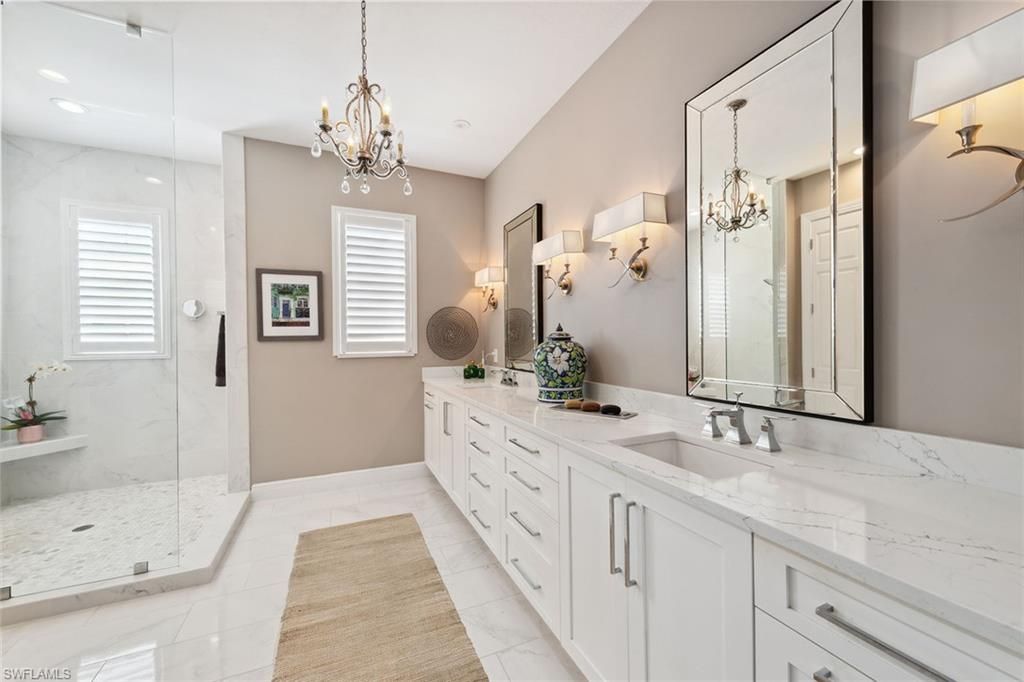 Bathroom, Chandelier, Dual Sink Vanities, Glass Shower, Interior, Marble, Recessed Lighting