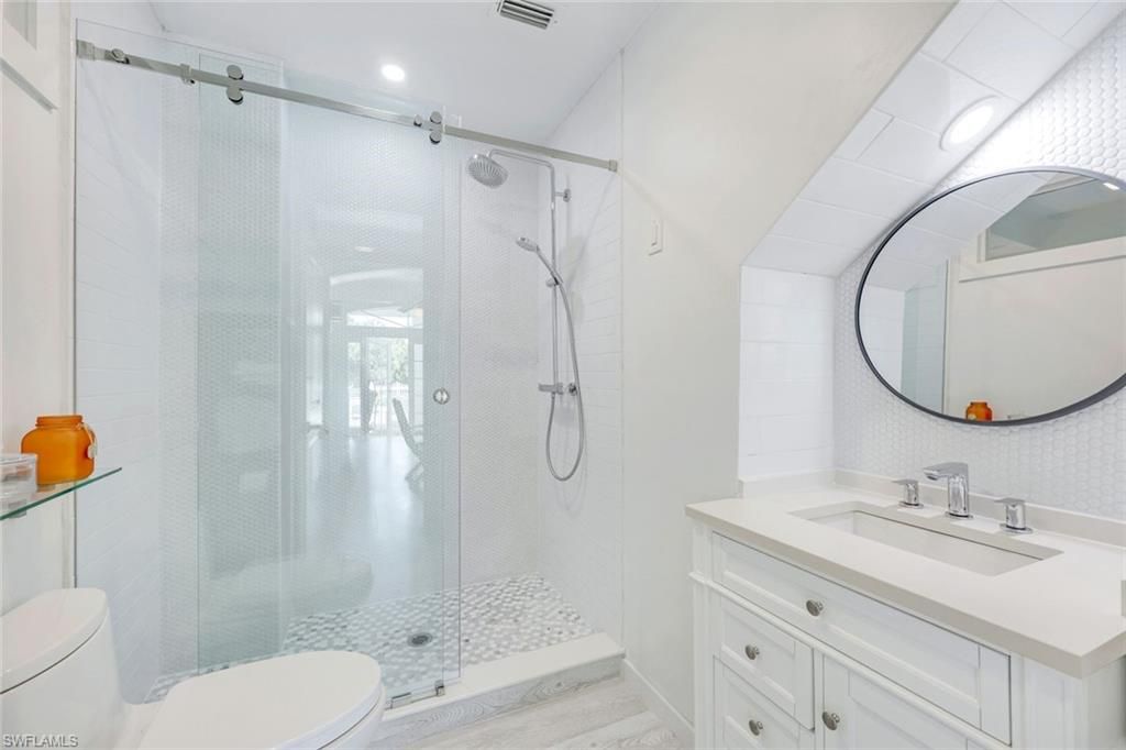 Bathroom, Glass Shower, Interior, Recessed Lighting, Wood Texture Flooring