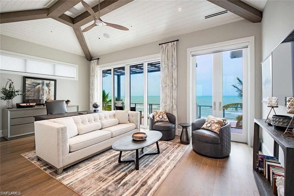 Interior, Living room, Recessed Lighting, Water, Wooden Beams, Wood Texture Flooring