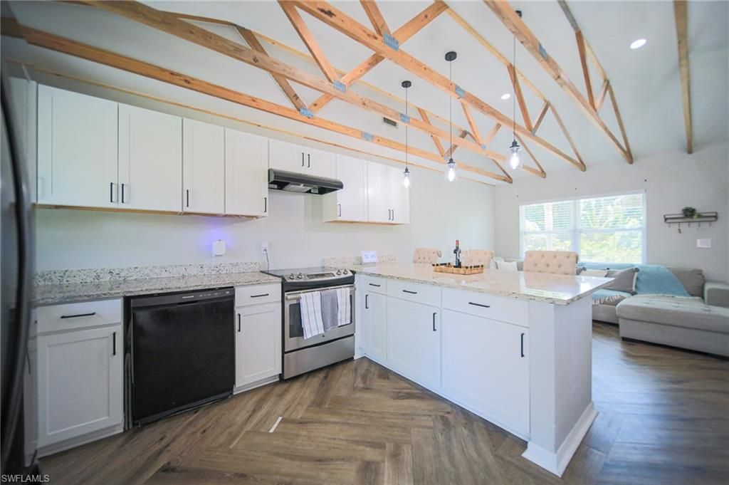 Interior, Kitchen, Pendant Lights, Recessed Lighting, Wooden Beams, Wood Texture Flooring