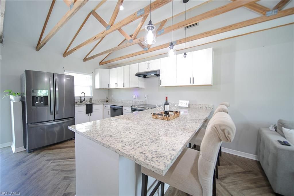 Interior, Kitchen, Pendant Lights, Stainless Steel Appliances, Wooden Beams, Wood Texture Flooring
