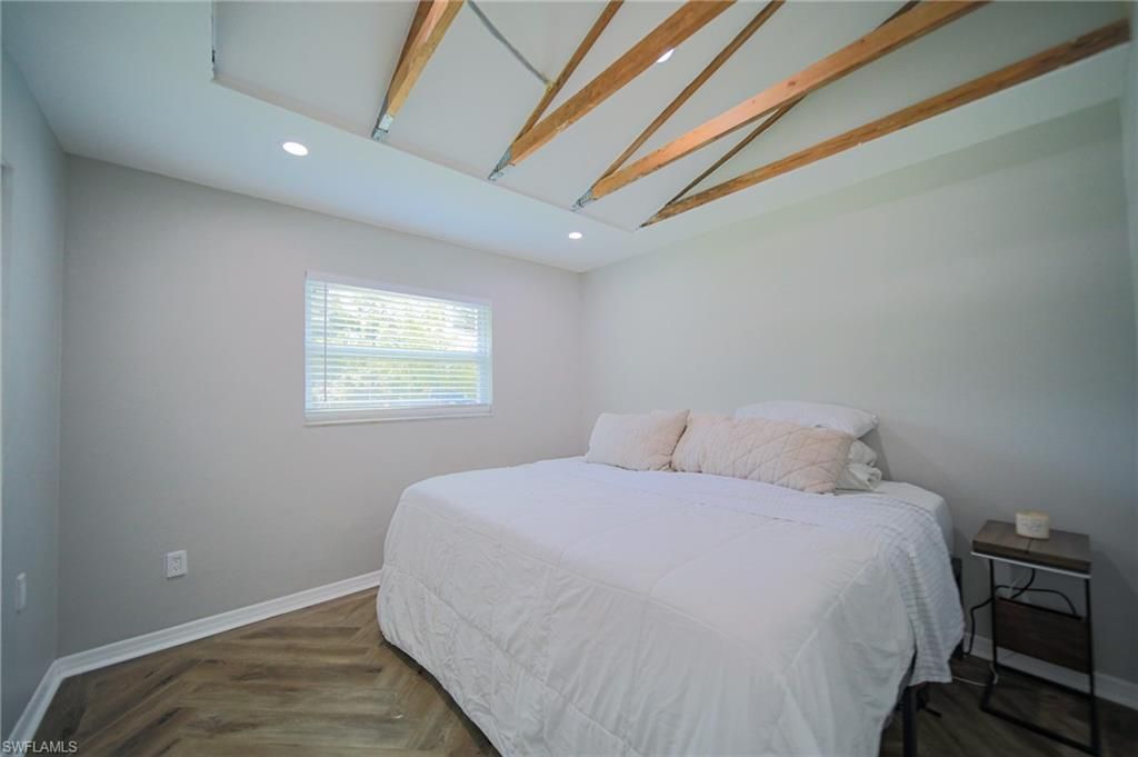 Bedroom, Interior, Recessed Lighting, Wooden Beams, Wood Texture Flooring