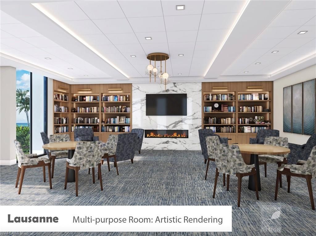 Dining room, Fireplace, Interior, Marble Walls, Pendant Lights, Recessed Lighting