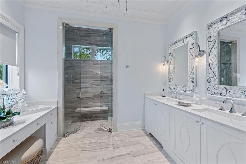 Bathroom, Dual Sink Vanities, Glass Shower, Interior, Marble