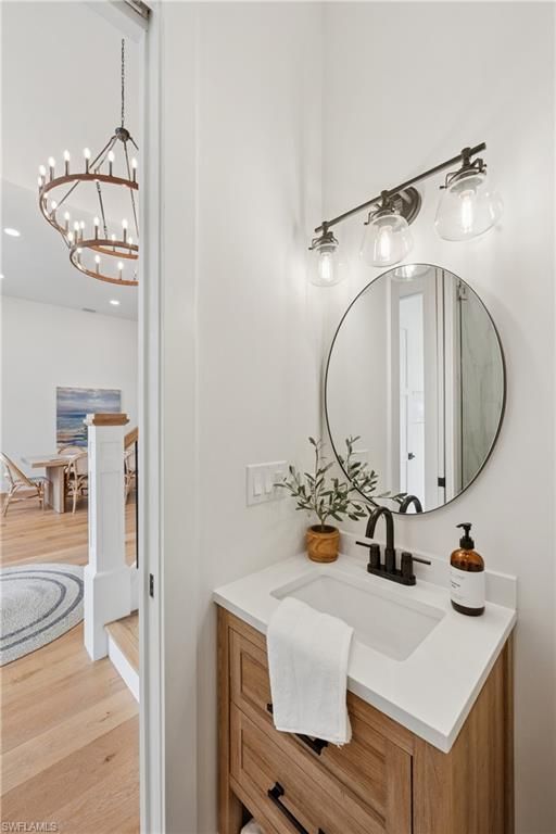 Bathroom, Chandelier, Interior, Pendant Lights, Wood Texture Flooring