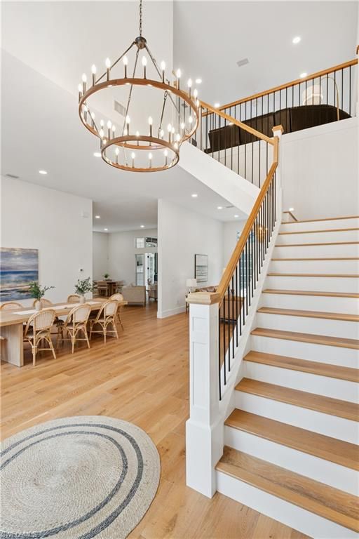 Chandelier, Dining room, Interior, Pendant Lights, Recessed Lighting, Wood Texture Flooring