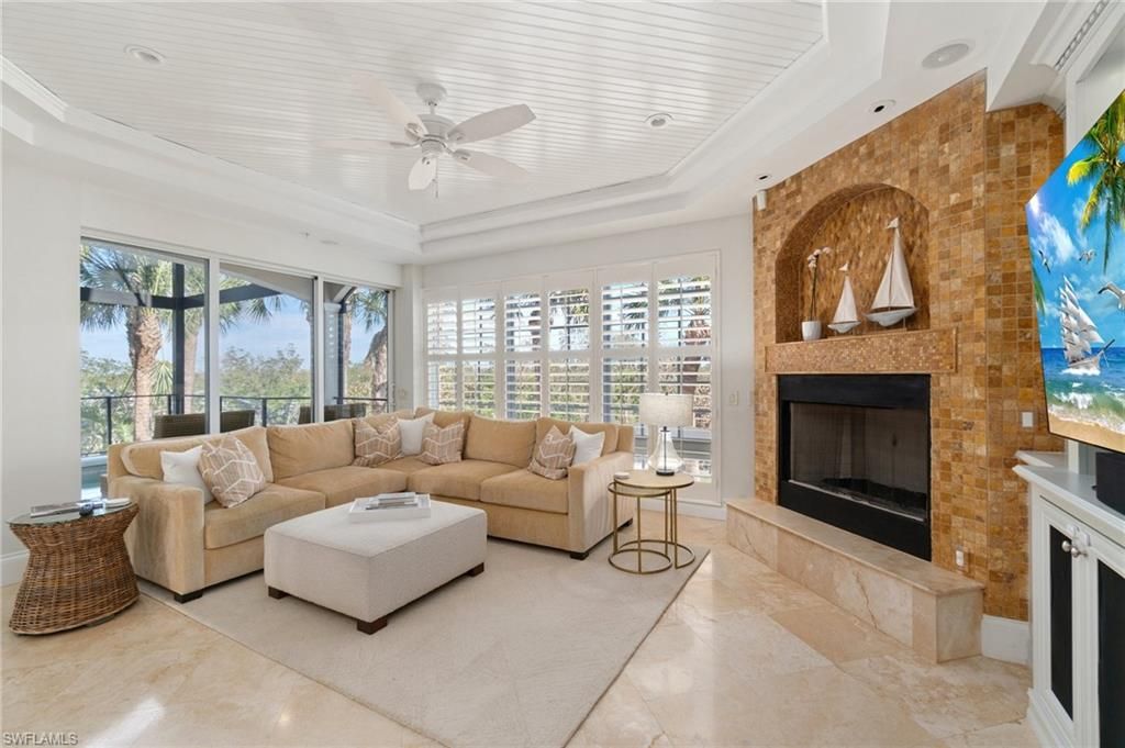 Fireplace, Interior, Living room, Recessed Lighting, Stone Walls
