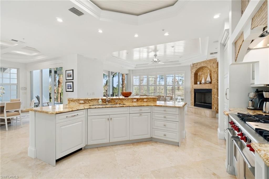 Dining room, Fireplace, Interior, Kitchen, Recessed Lighting, Stainless Steel Appliances