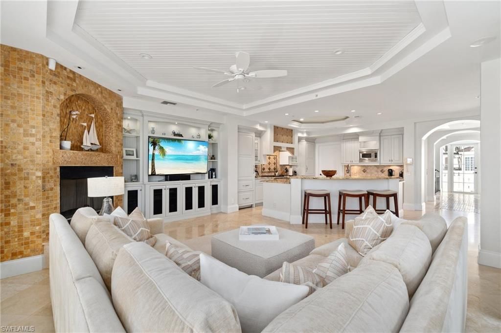 Fireplace, Interior, Kitchen, Living room, Recessed Lighting, Stone Walls