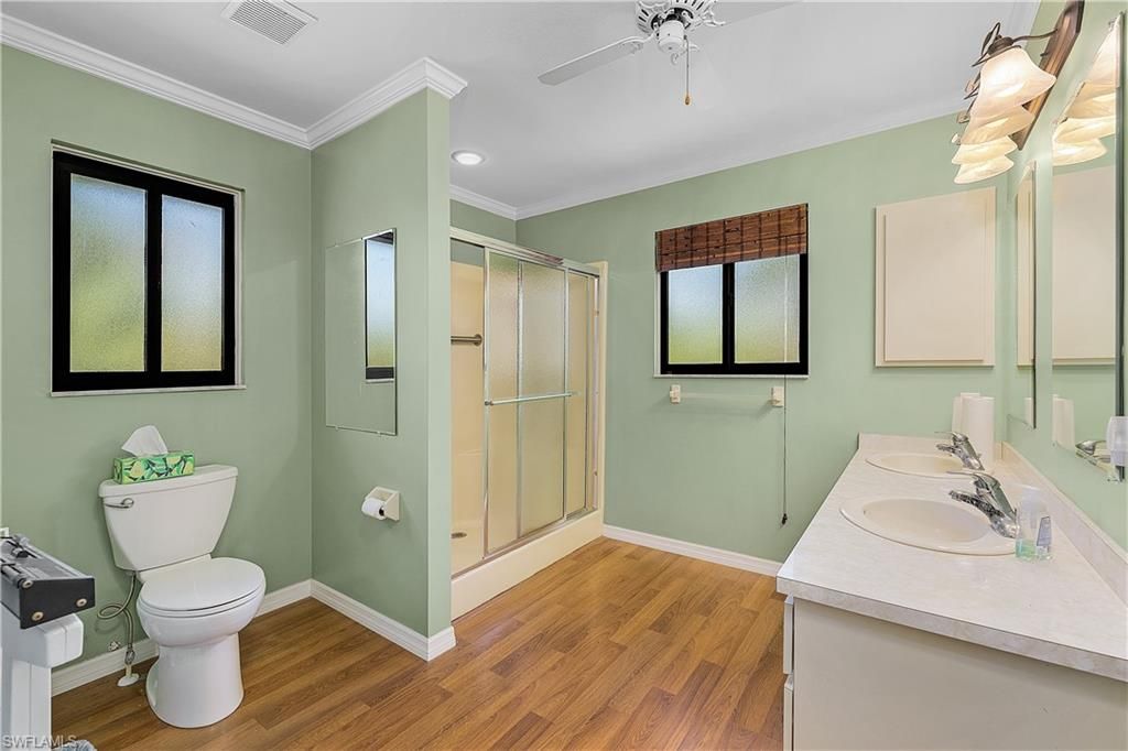 Bathroom, Glass Shower, Interior, Recessed Lighting, Wood Texture Flooring