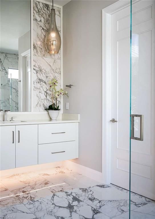 Bathroom, Glass Shower, Interior, Marble, Marble Walls, Pendant Lights