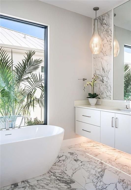 Bathroom, Free Standing Baths, Interior, Marble, Marble Walls, Pendant Lights