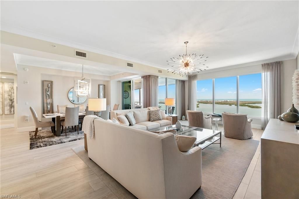 Dining room, Interior, Living room, Pendant Lights, Recessed Lighting, Water, Wood Texture Flooring