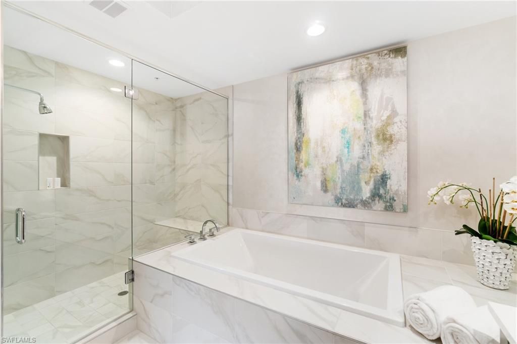 Bathroom, Glass Shower, Interior, Marble Walls, Recessed Lighting