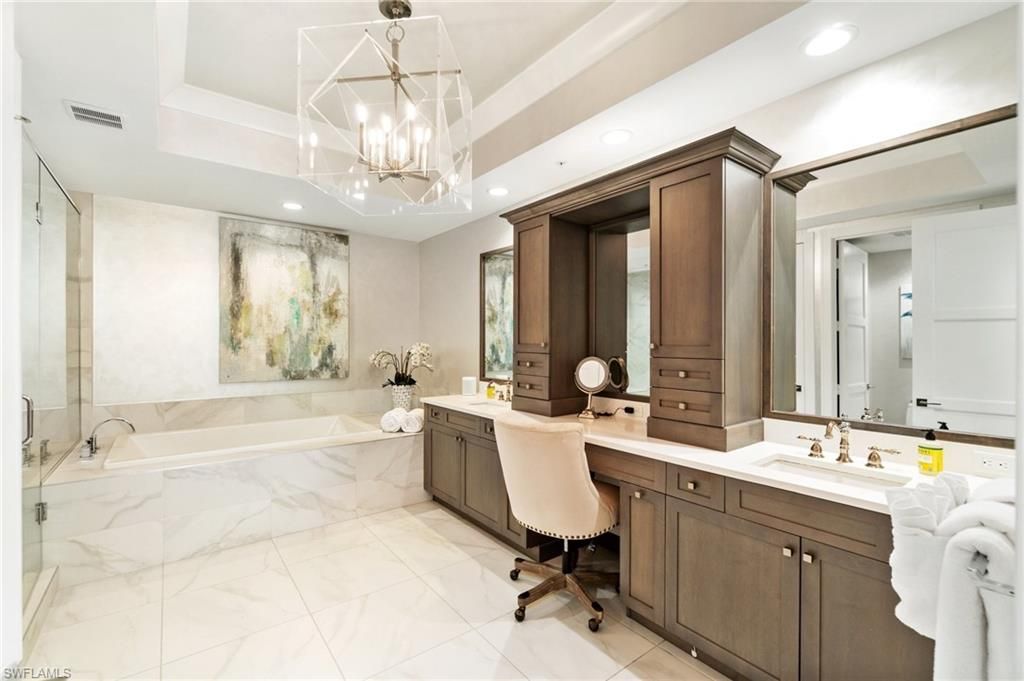 Bathroom, Dual Sink Vanities, Interior, Marble, Pendant Lights, Recessed Lighting