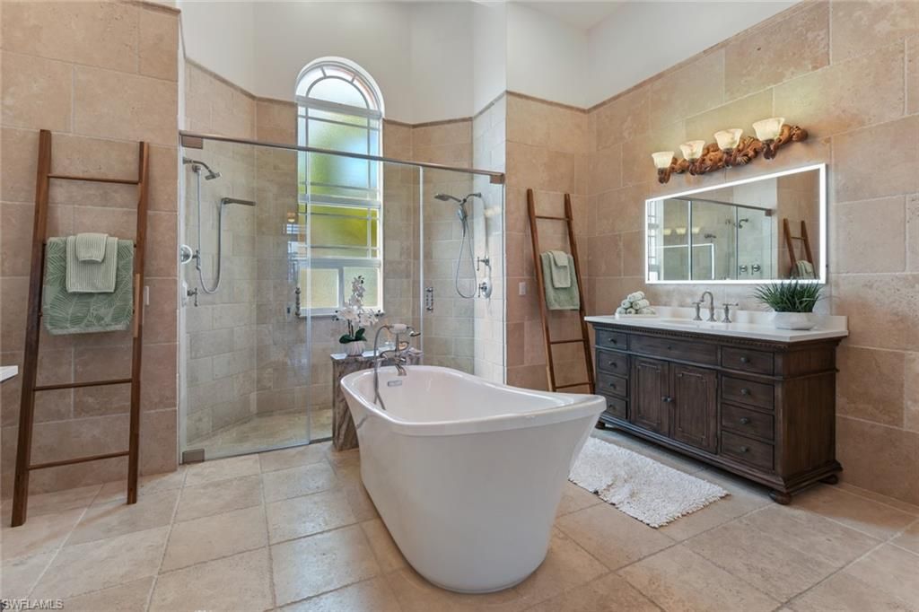 Bathroom, Dual Sink Vanities, Free Standing Baths, Glass Shower, Interior, Stone Walls