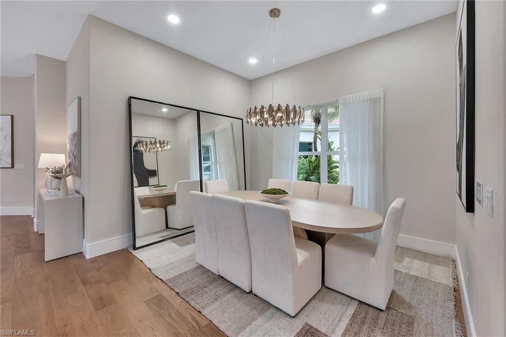 Dining room, Interior, Pendant Lights, Recessed Lighting, Wood Texture Flooring