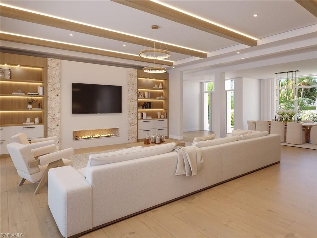 Fireplace, Interior, Living room, Pendant Lights, Recessed Lighting, Wood Texture Flooring