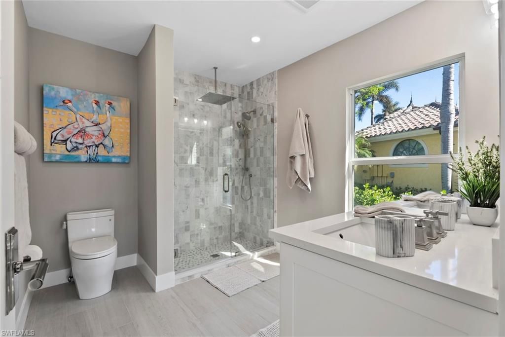 Bathroom, Glass Shower, Interior, Recessed Lighting, Wood Texture Flooring