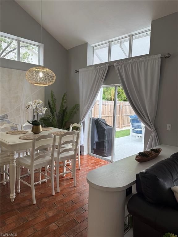 Dining room, Interior, Pendant Lights, Wood Texture Flooring