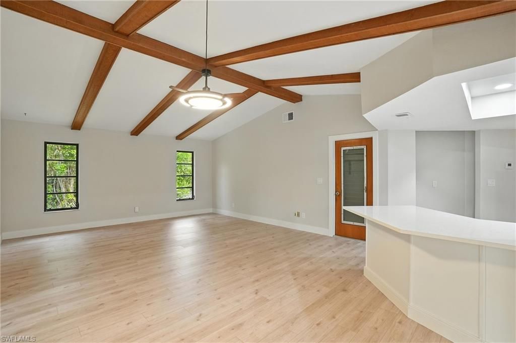 Empty room, Interior, Pendant Lights, Wooden Beams, Wood Texture Flooring